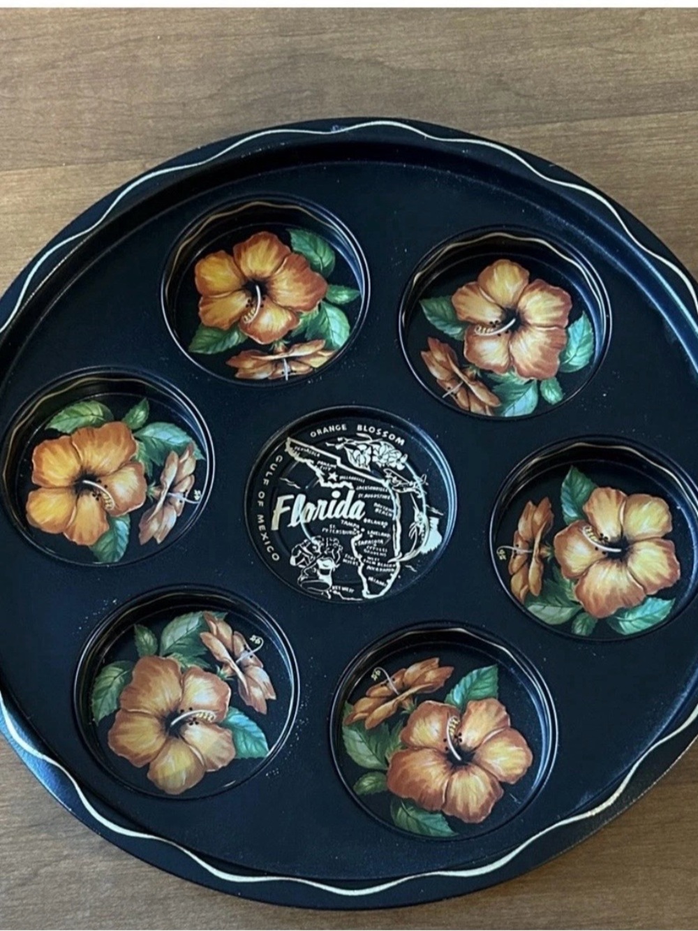 Vintage Florida Hibiscus Floral Serving Tray - Black & Orange